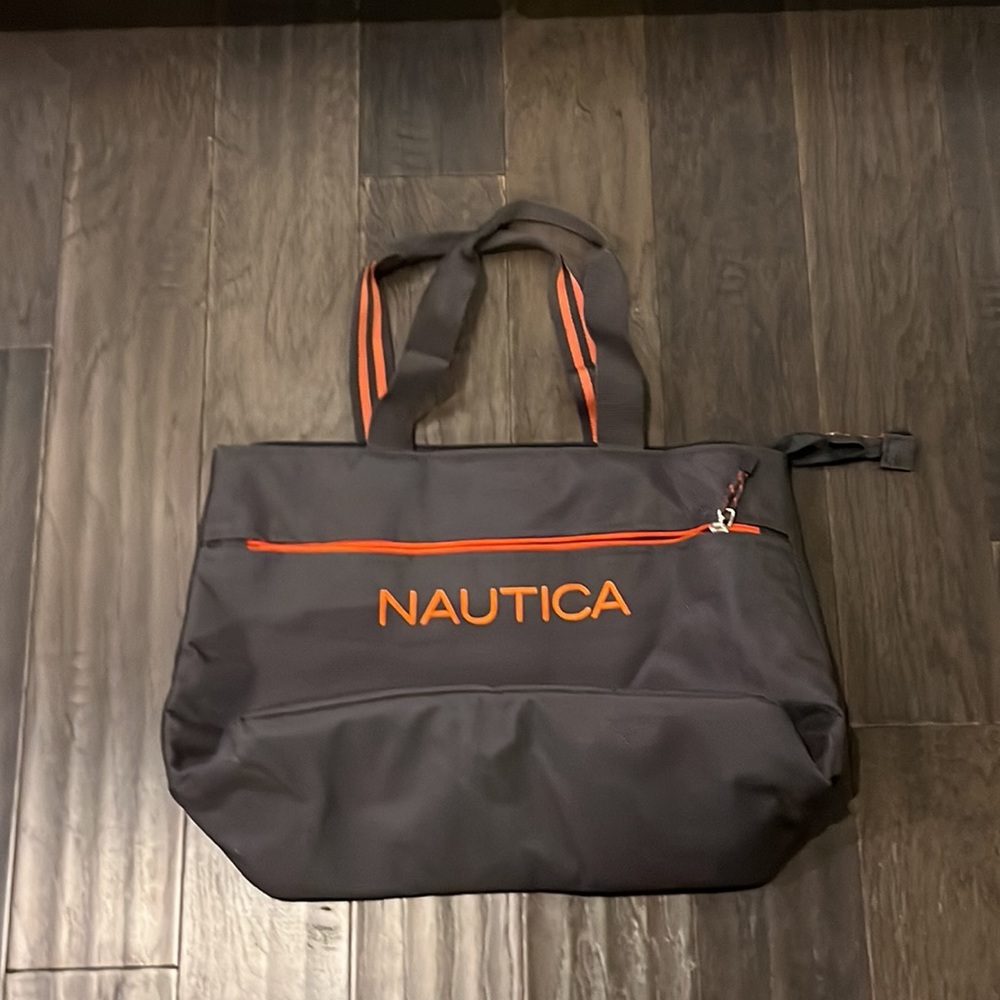 Nautica Grey Orange Canvas Tote new beach pool vacation